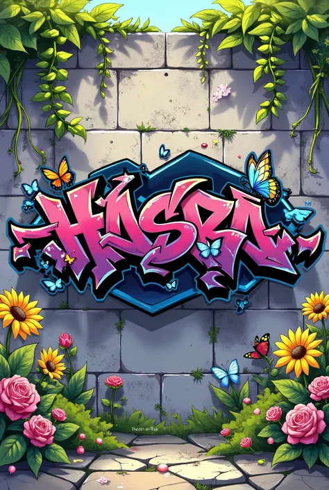 Cool graffiti spelling black pink  'Hasra' on a stone wall background, big colorful butterfly, roses and sunflowers, creeping roots, Chinese