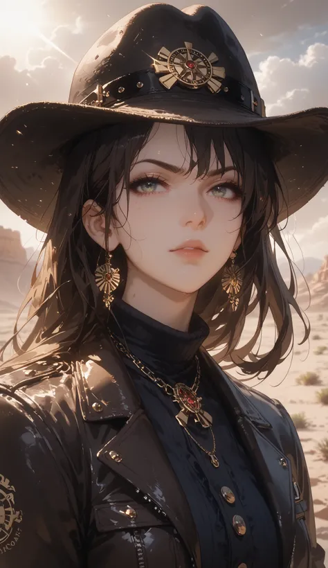 close-up of a cowboy facing the camera, intense determined gaze, rugged face with stubble, worn leather hat and coat, sunlight casting sharp shadows, dramatic tension in the air, revolver loosely gripped in hand, over-the-shoulder perspective showing wide ...