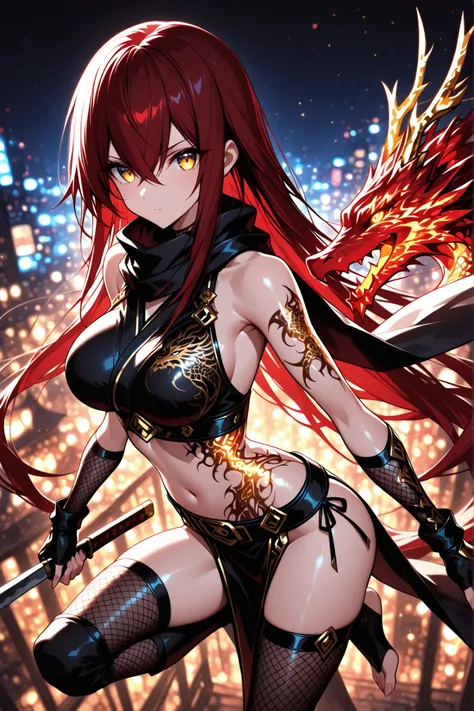 1 woman , golden eyes , very long hair , long sidelocks, red hair, petite , very cute , beautiful ,Straight hair, cool, handsome, hair between eyes, sexy, medium large breast, ninja, bare shoulders, midriff, navel, black scarf, fingerless fishnet gloves , ...