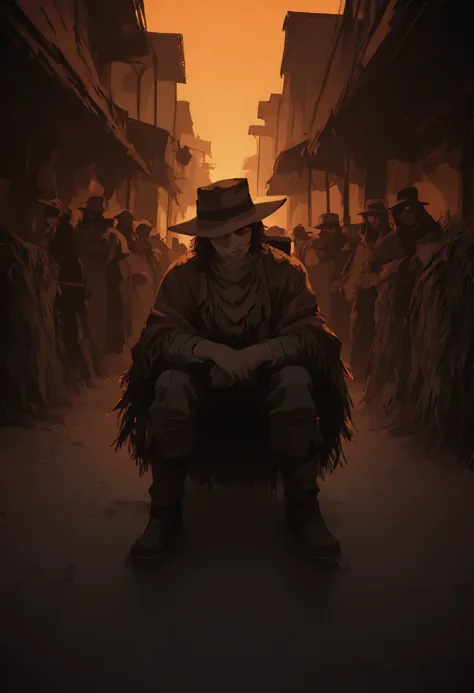 Create a dramatic scene inspired by the Spaghetti Western genre, specifically drawing from "A Fistful of Dollars." Set the scene in a dusty, barren desert town with wooden saloons and rugged buildings. A lone gunslinger, wearing a wide-brimmed hat, a worn-...
