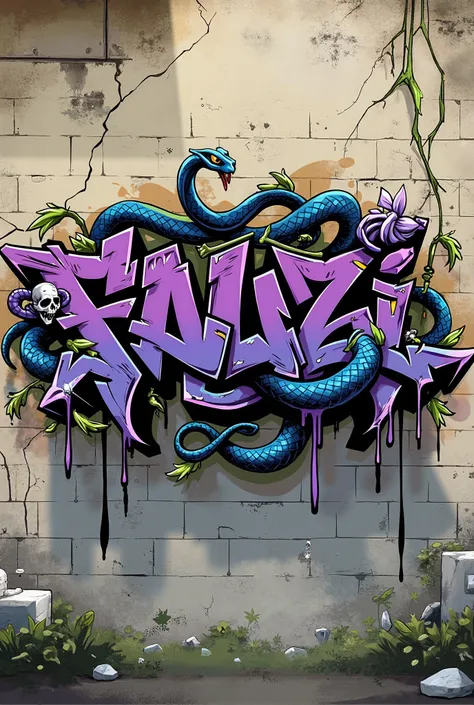 Cool graffiti spelling  black purple 'Fauzi' on a stone wall background, grim reaper skull, king cobra snake, liquid paint, creeping roots, Chinese
