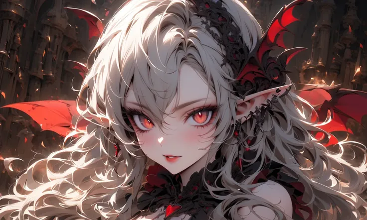 Create an image of the most stunningly gorgeous beautiful perfect sexy vampire elf, beautiful perfect face, long luscious eyelashes, black eyeliner, perfect makeup, lipstick, vibrant detailed vampire slit pupils, long luscious black hair, platinum blond hi...
