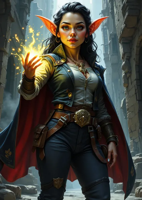 An extremely detailed comic book illustration of a stunningly beautiful extremely curvaceous Gnome from Dungeons and Dragons petite magical folk with big eyes and pointed ears created by gods of invention and illusion seldom seen by other folk due to the g...