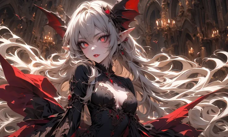 Create an image of the most stunningly gorgeous beautiful perfect sexy vampire elf, beautiful perfect face, long luscious eyelashes, black eyeliner, perfect makeup, lipstick, vibrant detailed vampire slit pupils, long luscious black hair, platinum blond hi...