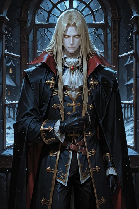 1boy, alucard (castlevania), long hair, yellow eyes, fair skin, cape, ascot, black gloves, black pants, coat, in the castle, torches, standing, near the window, night, cold look, closed mouth, thoughtful, looking at the viewer, cold, best quality, masterpi...