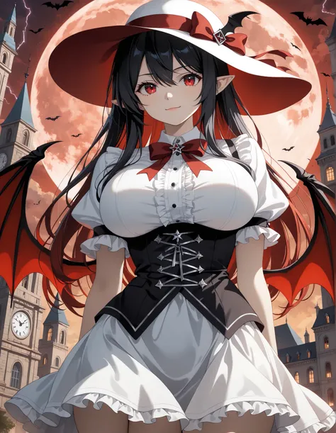 1 girl, Kuroki Monika, red eyes, gradient hair, black hair, red hair, long hair, asymmetrical hairline, hair over right eye, ((large breasts)), (petite but curvy), very cute, lovely, bat wings, wings, hat, hat ribbon, short sleeves, wrist cuffs, puffy shor...