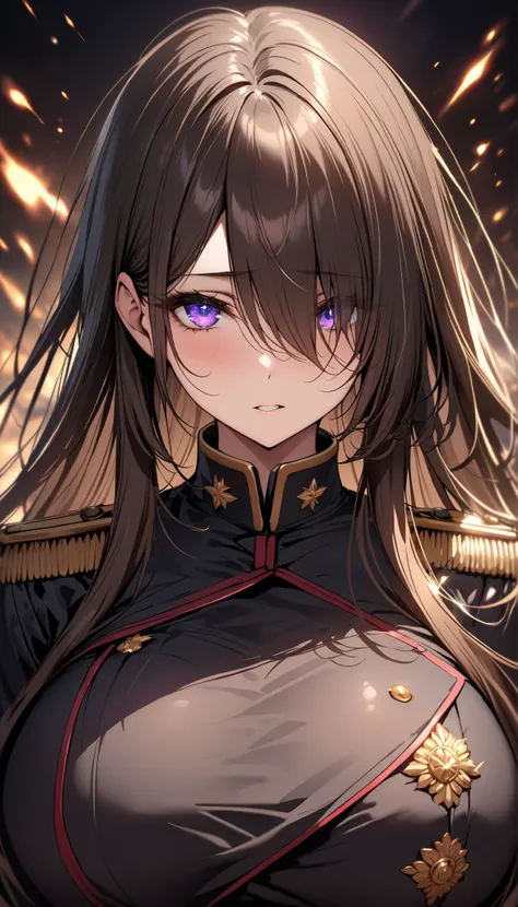 (masterpiece, Highest quality:1.2), (1girl), alone, ((long hair)), (dark brown hair)), (straight hair), ((hair over face)), (hair over one eye), (hair over right eye), (), (purple eyes), detailed eyes, high detail, bloom, ((detailed face)), (beautiful effe...