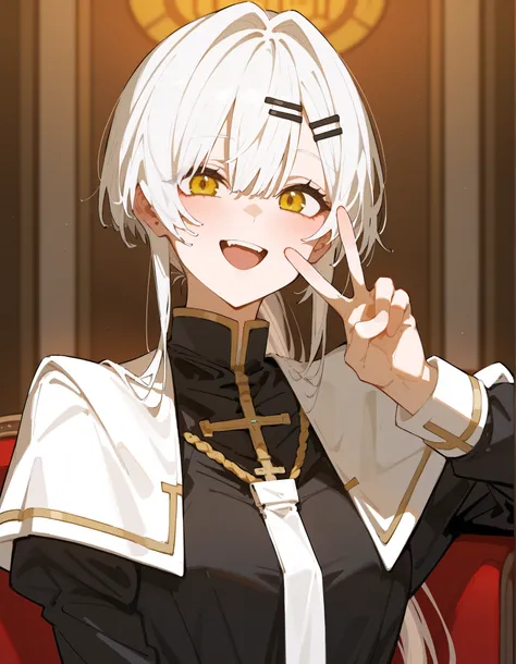 girl,white hair,in a yellow eye,,long hair,priest,Milf,short hair,Spotted hair,Hair clip ,long ponytail,Black suit,,smile,slim,รูปร่างกายgirlนบน,Open your mouth,V sign,