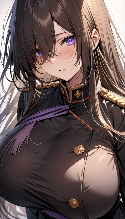 (masterpiece, Highest quality:1.2), (1girl), alone, ((long hair)), (dark brown hair)), (straight hair), ((hair over face)), (hair over one eye), (hair over right eye), (), (purple eyes), detailed eyes, high detail, bloom, ((detailed face)), (beautiful effe...