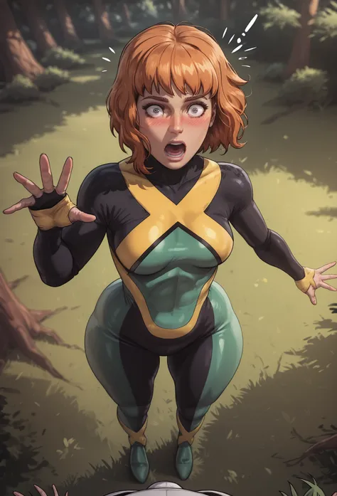  jeangreymarvelnow, 1girl, short hair, orange hair, medium breasts, bodysuit,aloneinside, depth of field, surprised , Blush,  in a forest,  beautiful,  big thighs, thick thights, huge ass, big breasts ,  torn clothes,  provocative pose,  huge ass, standing...