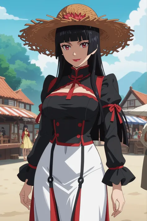 score_7_up, anime screencap,
 RoryMercury,
1girl, closed mouth, light smile,
long hair, black hair, red eyes, hime cut, blunt bangs, lipstick, Conical Straw Hat,
over shoulder, Big breasts, vietnamese dress, pants, long sleeves, 
solo, cowboy shot, Boutdoo...