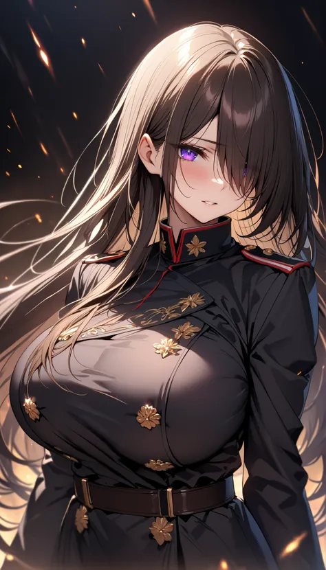 (masterpiece, Highest quality:1.2), (1girl), alone, ((long hair)), (dark brown hair)), (straight hair), ((hair over face)), (hair over one eye), (hair over right eye), (), (purple eyes), detailed eyes, high detail, bloom, ((detailed face)), (beautiful effe...