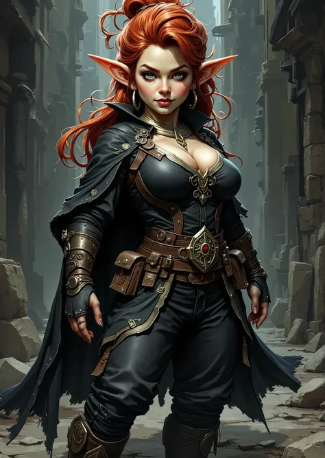 An extremely detailed comic book illustration of a stunningly beautiful extremely curvaceous Gnome from Dungeons and Dragons petite magical folk with big eyes and pointed ears created by gods of invention and illusion seldom seen by other folk due to the g...