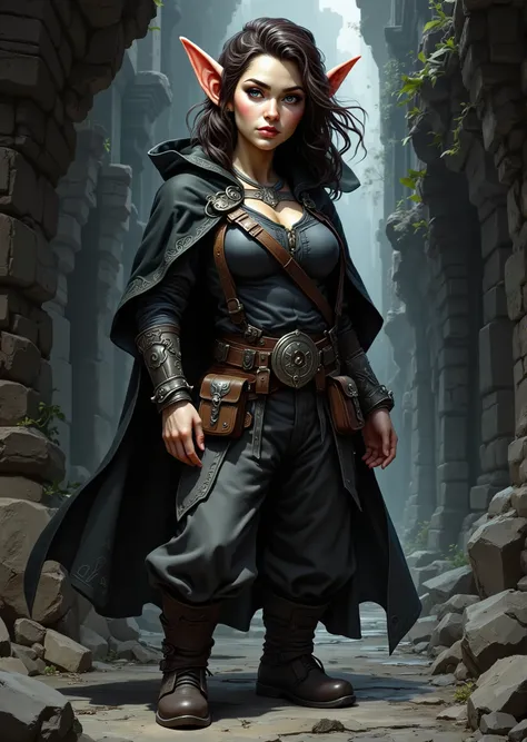 An extremely detailed comic book illustration of a stunningly beautiful extremely curvaceous Gnome from Dungeons and Dragons petite magical folk with big eyes and pointed ears created by gods of invention and illusion seldom seen by other folk due to the g...