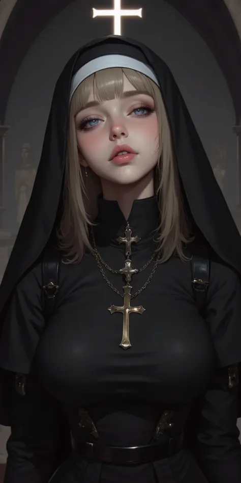 Masterpiece,extremely detailed CG, high resolution, best quality,A very young cute girl,blue eyes, (Droopy eyes,beautiful detailed eyes: 1.2), light blonde hair,(Nun's black attire that doesn't reveal skin:1.4),(Ample Busts,slenderbody:1.3),smile, upper b...