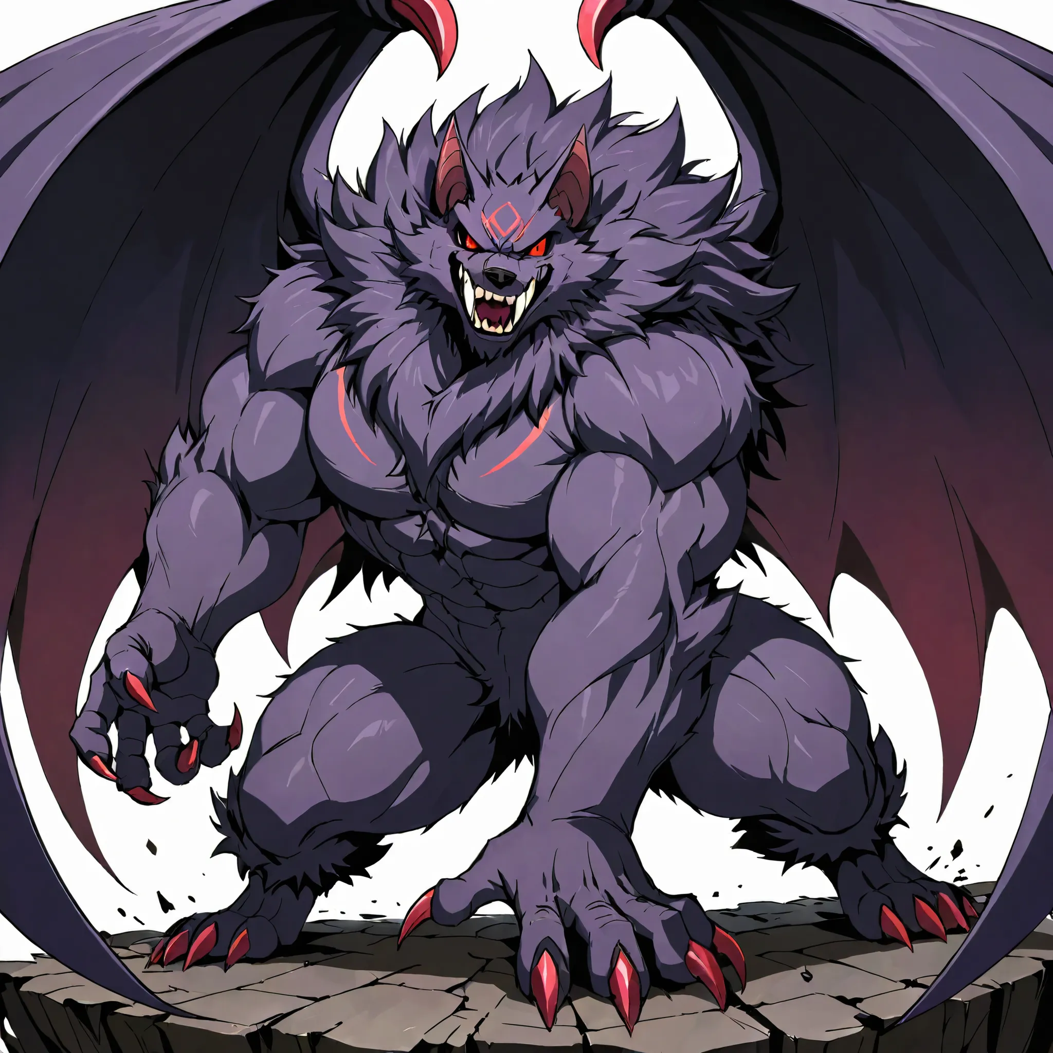 giant darkness wolf bat monster, solo, black and purple fur, red eyes, neck fur, fluffy body, evil smile, open mouth, large wings, large fangs, sharp nails, heavy weight bulky plump, wide pectoral muscles, muscular, venis popping, sprong fighting pose, loo...
