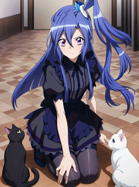 masterpiece, best quality, amazing quality, very aesthetic, absurdres, newest,shiny skin, anime screenshot, anime coloring senki zesshou symphogear, Kazanari Tsubasa,  blue_hair purple eyes,  one side up, Gothic maid、Cat ears、Cat_tail、 looking at viewer、Fu...