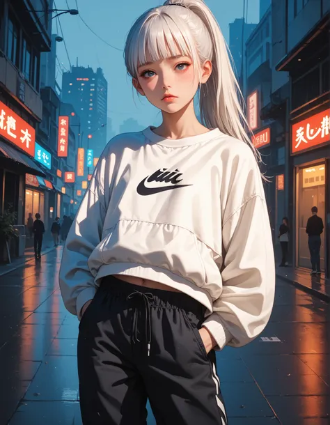 Score_9, score_8_up, score_7_up, score_6_up, source_anime, rating:general, 1girl, long white hair, ponytail, blunt bangs, dark blue eyes, perfect face, pale white skin, flat chest, wearing an oversized sweatshirt, cargo pants, Nike sneakers , slender build...