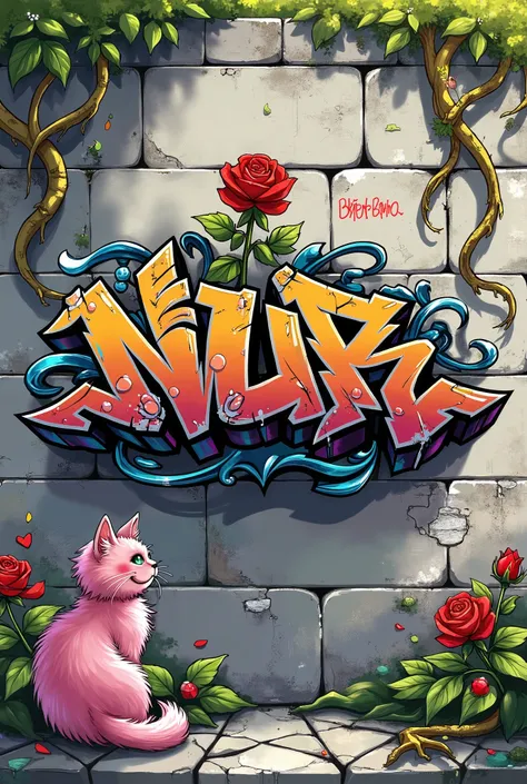 Cool graffiti spelling 'Nur' on a stone wall background, red rose flower, pink angora cat, creeping roots, Chinese