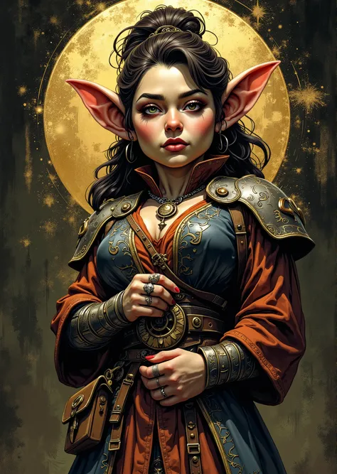 An extremely detailed comic book illustration of a stunningly beautiful extremely curvaceous Gnome from Dungeons and Dragons petite magical folk with big eyes and pointed ears created by gods of invention and illusion seldom seen by other folk due to the g...
