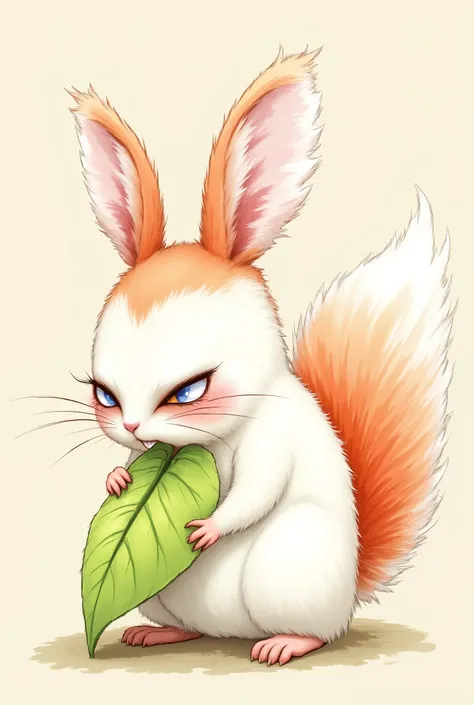 a squirrel with white hanging bunny ears and a red fox tail nibbles on a green leaf