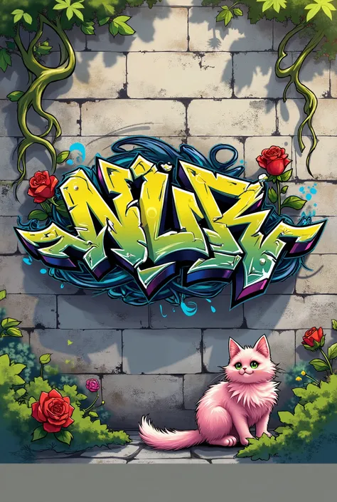 Cool graffiti spelling 'Nur' on a stone wall background, red rose flower, pink angora cat, creeping roots, Chinese