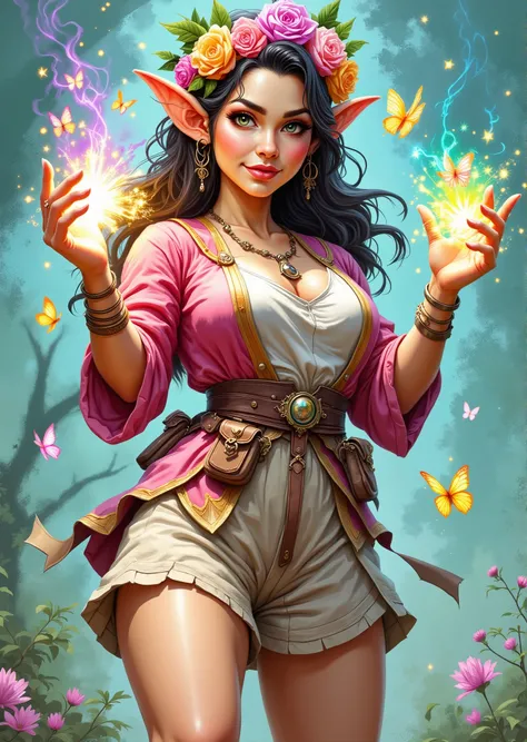 An extremely detailed comic book illustration of a stunningly beautiful extremely curvaceous Gnome from Dungeons and Dragons petite magical folk with big eyes and pointed ears created by gods of invention and illusion seldom seen by other folk due to the g...