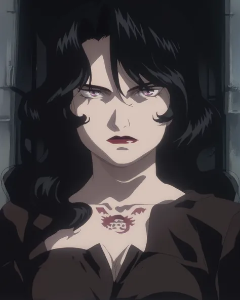 source_anime, (masterpiece), score_9, score_8_up, score_7_up, score_6_up, retrostyle,cyberpunk, ghostshell Lust,mature female,1girl,solo,black hair,long hair,lipstick,makeup,purple eyes,breasts,chest tattoo,dress,cleavage, 