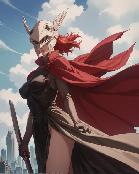 source_anime, (masterpiece), score_9, score_8_up, score_7_up, score_6_up, retrostyle,cyberpunk, ghostshell, a woman with red hair, winged helmet, sword, red cape 