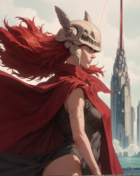 source_anime, (masterpiece), score_9, score_8_up, score_7_up, score_6_up, retrostyle,cyberpunk, ghostshell, a woman with red hair, winged helmet, sword, red cape 