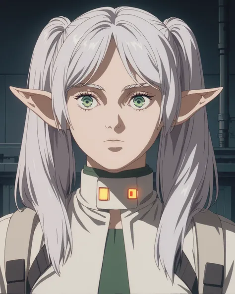 source_anime, (masterpiece), score_9, score_8_up, score_7_up, score_6_up, retrostyle,cyberpunk, ghostshell, frieren, long hair, twintails, green eyes, grey hair, pointy ears, elf, small breasts 