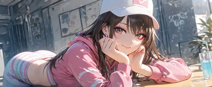 score_9, score_8_up, score_7_up, score_6_up, score_5_up, score_4_up, 4k, 8k, girl, solo, xyzruby, 1girl, brown long hair, beautiful, earrings, makeup, vibrant, eyeliner, mascara, 3d render style, looking at viewer, midriff, cropped hoodie, white headwear, ...