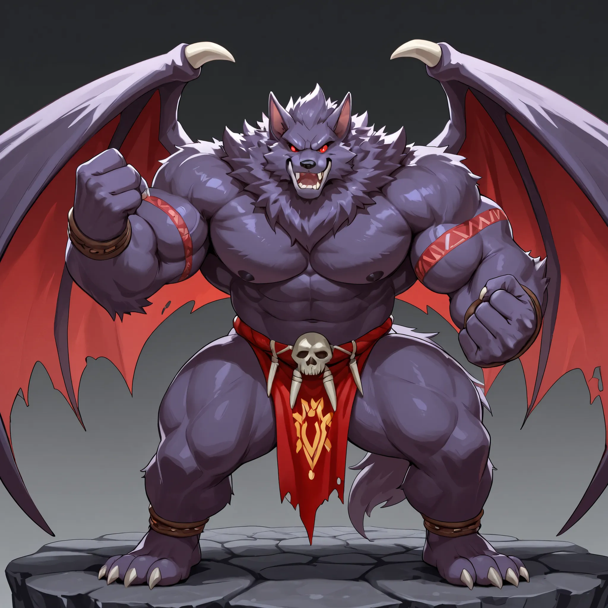 giant darkness wolf bat monster, solo, black and purple fur, red eyes, neck fur, fluffy body, evil smile, open mouth, large wings, large fangs, sharp nails, heavy weight bulky plump, wide pectoral muscles, muscular, venis popping, red lion cloth, tribal co...