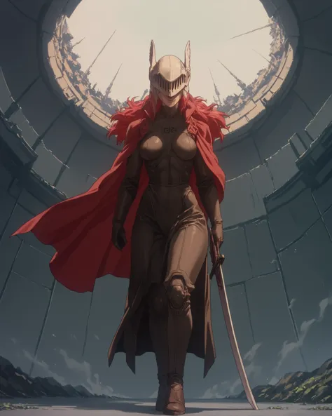 source_anime, (masterpiece), score_9, score_8_up, score_7_up, score_6_up, retrostyle,cyberpunk, ghostshell, a woman with red hair, winged helmet, sword, red cape 