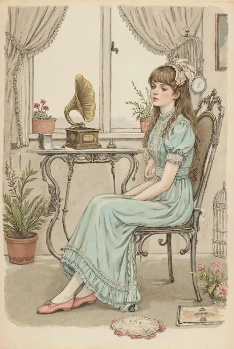 An old book illustration, a sketch. A sweet age girl with fair skin and light brown hair cascading to her waist sits elegantly on an ornate wrought iron chair by the window.  Her expression is gentle, naive, thoughtful, and her gaze is slightly downcast.  ...