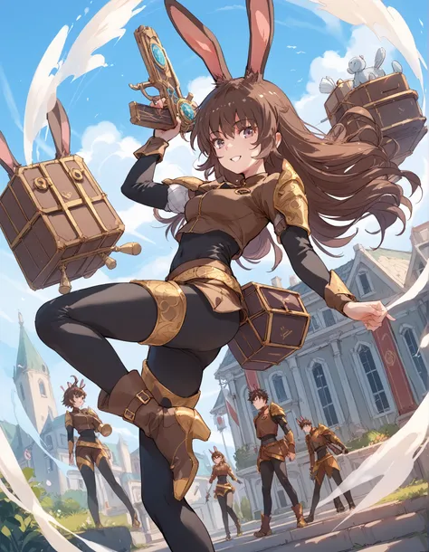 Velvet_RWBY, Rabbit ears, brown hair, thighhigh boots, black body suit, brown armor,
