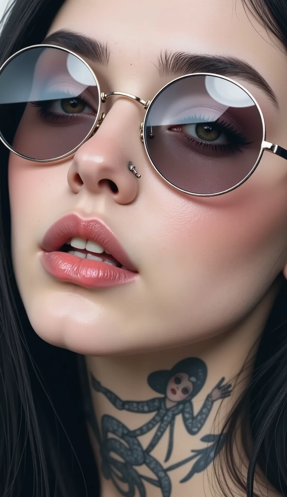 ((centered image,  a close up of a beautiful woman with exaggerated features caricaturized in the kawaii style  :1.52,  thick and plump lips with kissable glitter  ,  large with glitter and reflections  ,  false eyelashes and long eyes  :1.5 , Beautiful fa...