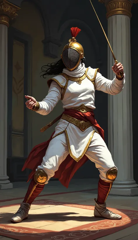 long shot,full body view, athena goddess of sport the fencing, she is fencer, looks like greek goddness Athena, holding (épée), ((wearing greek warior helmet which is combined with fencing mask), ((wearing ancient greek goddness outfit)),(greek golden orn...