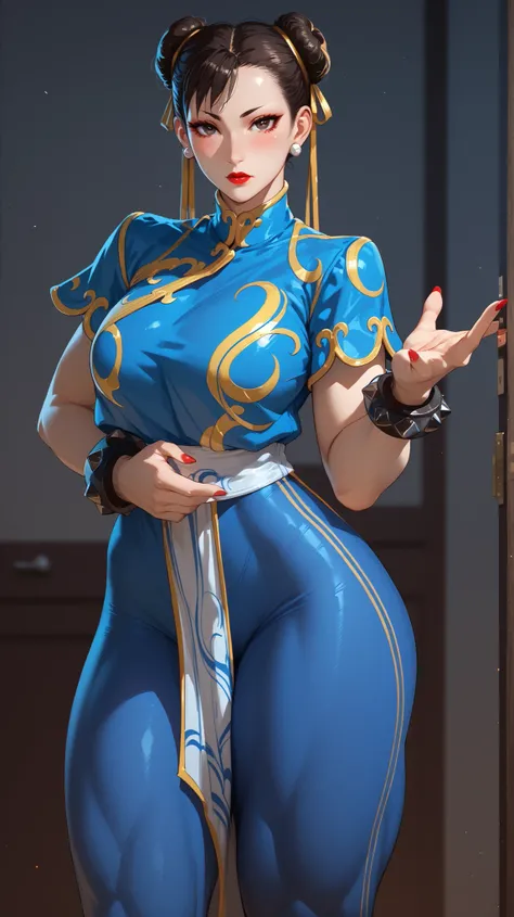 chun li, clean, big breasts, big thighs, looking at viewer, red lipstick, ,blush, beautiful eyes, clear eyes, without pants