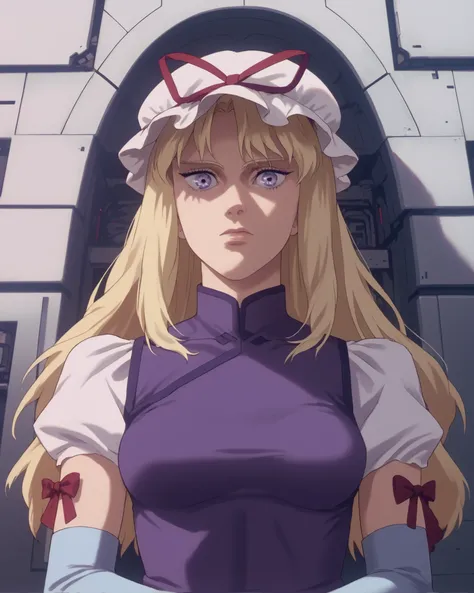 source_anime, (masterpiece), score_9, score_8_up, score_7_up, score_6_up, retrostyle,cyberpunk, ghostshell THYukari, mob cap, long blonde hair, hair ribbon, elbow gloves,
purple dress, ribbon choker,
white dress, purple tabard, 