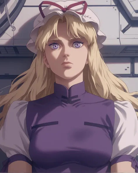 source_anime, (masterpiece), score_9, score_8_up, score_7_up, score_6_up, retrostyle,cyberpunk, ghostshell THYukari, mob cap, long blonde hair, hair ribbon, elbow gloves,
purple dress, ribbon choker,
white dress, purple tabard, 