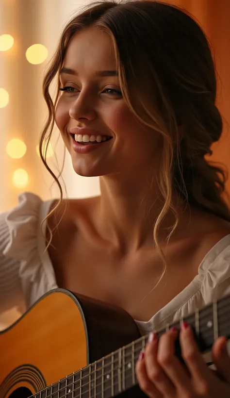 a pretty girl is singing and playing guitar, open eyes