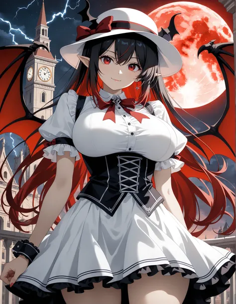 1 girl, Kuroki Monika, red eyes, gradient hair, black hair, red hair, long hair, asymmetrical hairline, hair over right eye, ((large breasts)), (petite but curvy), very cute, lovely, bat wings, wings, hat, hat ribbon, short sleeves, wrist cuffs, puffy shor...