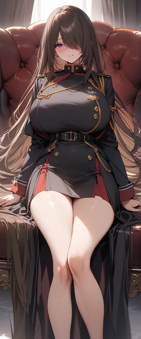 (masterpiece, Highest quality:1.2), (1girl), alone, ((long hair)), (dark brown hair)), (straight hair), ((hair over face)), (hair over one eye), (hair over right eye), (), (purple eyes), ((detailed eyes)), high detail, bloom, ((detailed face)), ((huge brea...