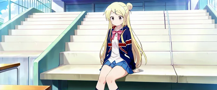 1girl,unwellness(autonomic nervous system disorder and depression) thick thighs Kujou Karen very long hair,blonde hair,single hair bun,hairclip,x hair ornament,sidelocks,side swept bangs,black eyes,white shirt,collared shirt,union jacket,pink bowtie,neck r...