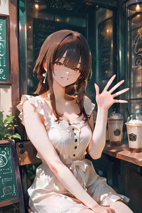 1 girl, White casual dress, Sitting outside a coffee shop, He looks at me and smiles.、waving hands