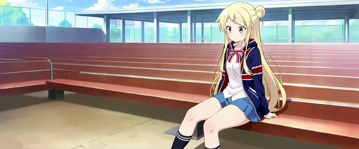 1girl,unwellness(autonomic nervous system disorder and depression) thick thighs Kujou Karen very long hair,blonde hair,single hair bun,hairclip,x hair ornament,sidelocks,side swept bangs,black eyes,white shirt,collared shirt,union jacket,pink bowtie,neck r...