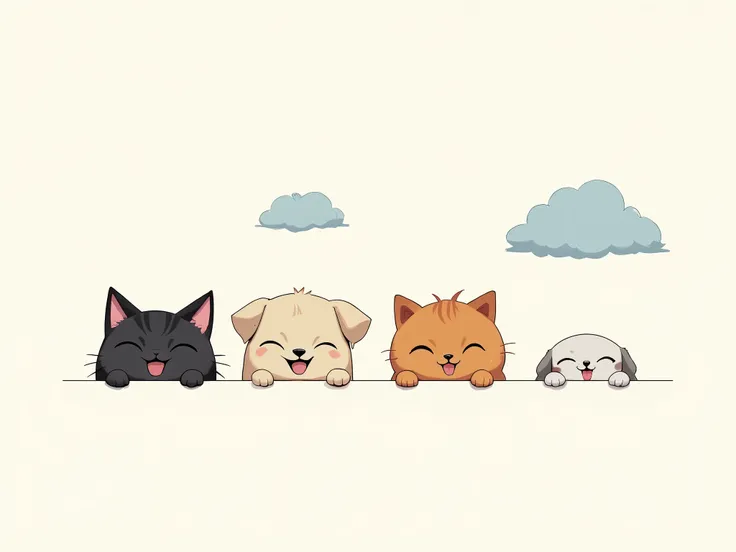 "and the four cute animals of Harry Illustration of standing on a white wall with only her face slightly sticking out. 왼쪽부터 주황색 줄무늬  cat, 갈색 귀를 가진 puppy, 검은색과 흰색 털의  cat, 그리고 갈색 반점이 있는 puppy가 차례로 서 있음. Each animal has a smiling expression with their forepa...