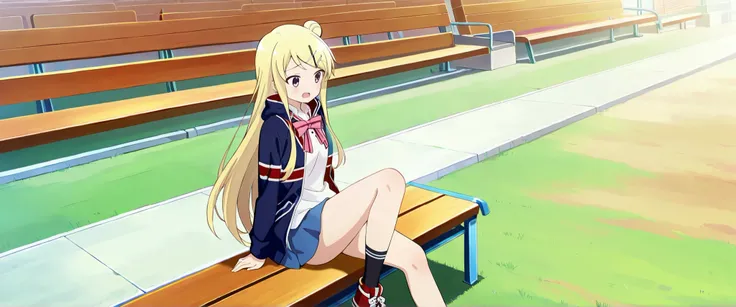 1girl,unwellness(autonomic nervous system disorder and depression) thick thighs Kujou Karen very long hair,blonde hair,single hair bun,hairclip,x hair ornament,sidelocks,side swept bangs,black eyes,white shirt,collared shirt,union jacket,pink bowtie,neck r...