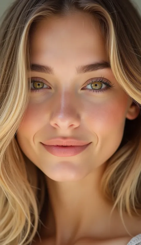 A close-up portrait of a pretty young woman with soft, golden blonde hair that falls in natural waves around her face. She has warm hazel eyes — a blend of green, amber, and light brown — framed by long lashes and gently arched brows. Her skin is smooth an...